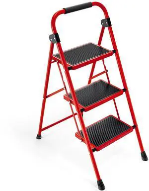 3 Step Ladder, Folding Step Stool with Anti-Slip Wide Pedal | Lightweight Stepladder with Handrails, Portable for Kitchen, Household, Red 3 Step Ladder, Folding Step Stool with Anti-Slip Wide Pedal | Lightweight Stepladder with Handrails, Portable for Kitchen, Household, Red
