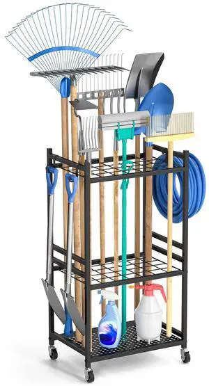 Garden Organizer With Wheels, Yard Tower Rack for Garage Storage, Up to 35 Long-Handled Tools, Sturdy Metal Steel Holder With 3 Hooks, Outdoor, Black Garden Organizer With Wheels, Yard Tower Rack for Garage Storage, Up to 35 Long-Handled Tools, Sturdy Metal Steel Holder With 3 Hooks, Outdoor, Black