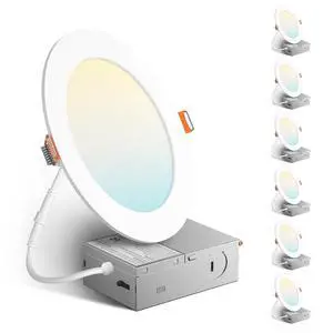 6 Pack 6 Inch Ultra-Thin LED Recessed Ceiling Light, 5CCT, 1050LM | 5%-100% Dimmable, 2700K-5000K, No Flicker & Noise, Canless Wafer Downlight with Junction Box, 12W Eqv 110W, IC/ETL/FCC, White 6 Pack 6 Inch Ultra-Thin LED Recessed Ceiling Light, 5CCT, 1050LM | 5%-100% Dimmable, 2700K-5000K, No Flicker & Noise, Canless Wafer Downlight with Junction Box, 12W Eqv 110W, IC/ETL/FCC, White