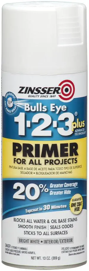 Bulls Eye 1-2-3 Plus Spray Primer, White, 13oz | Bulls Eye 1-2-3 Plus spray primer, 13oz, White. High-hide stain-blocking spray primer for all surfaces; bonds without Bulls Eye 1-2-3 Plus Spray Primer, White, 13oz | Bulls Eye 1-2-3 Plus spray primer, 13oz, White. High-hide stain-blocking spray primer for all surfaces; bonds without