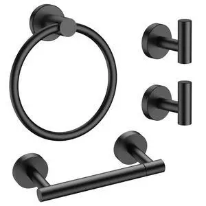 Bathroom Accessories Set, 4-Piece Bathroom Hardware Set | Matte Black | SUS304 Stainless Steel Towel Ring, 2 Towel Hooks, and Toilet Paper Holder Wall Mounted | Double Post Pivoting Bathroom Accessories Set, 4-Piece Bathroom Hardware Set | Matte Black | SUS304 Stainless Steel Towel Ring, 2 Towel Hooks, and Toilet Paper Holder Wall Mounted | Double Post Pivoting