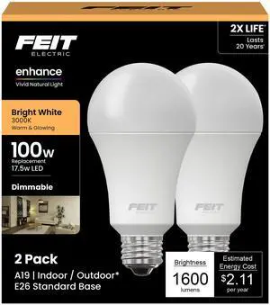 Enhance A19 LED Light Bulb, 100W Eq, Bright White, 2 Pack Enhance A19 LED Light Bulb, 100W Eq, Bright White, 2 Pack