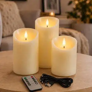 Rechargeable Flickering Flameless Candles Battery Operated with Remote and Timer, Pack of 3(D 3'' X H 4''5''6'') Long Lasting Ivory White Real Wax LED USB Pillar Candles Rechargeable Flickering Flameless Candles Battery Operated with Remote and Timer, Pack of 3(D 3'' X H 4''5''6'') Long Lasting Ivory White Real Wax LED USB Pillar Candles