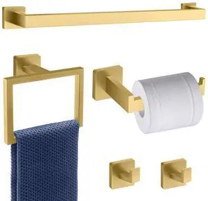 5 Piece Gold Towel Bar Set Bathroom Hardware Set Gold Bathroom Accessories Set with 2 Towel Hook, Stainless Steel Wall Mounted Bathroom Towel Rack Set Square 16-Inch 5 Piece Gold Towel Bar Set Bathroom Hardware Set Gold Bathroom Accessories Set with 2 Towel Hook, Stainless Steel Wall Mounted Bathroom Towel Rack Set Square 16-Inch