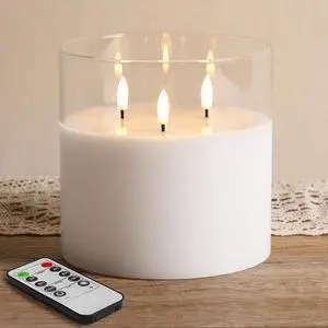 Large 3 Wick Clear Glass Flameless Pillar Candle with Remote | 6x6 inch LED Candle Flickering, Triple Wick, 2 AA Battery Powered, Accent Home Decor Gift Large 3 Wick Clear Glass Flameless Pillar Candle with Remote | 6x6 inch LED Candle Flickering, Triple Wick, 2 AA Battery Powered, Accent Home Decor Gift