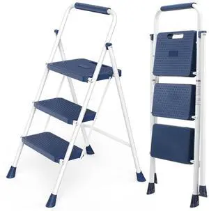 3 Step Ladder, 800lbs Foldable Step Stool with Anti-Slip Pedal | Portable Heavy Duty Stepping Stool with Sturdy Steel Ladder & Comfortable Handrail, for Kitchen, Garage, Outdoor Use - Blue 3 Step Ladder, 800lbs Foldable Step Stool with Anti-Slip Pedal | Portable Heavy Duty Stepping Stool with Sturdy Steel Ladder & Comfortable Handrail, for Kitchen, Garage, Outdoor Use - Blue