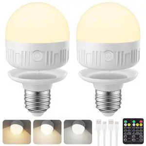 2Packs E26 Rechargeable Light Bulbs with Remote Control, 5W 350lm Magnetically Battery Operated Light Bulbs 2000mAh, 3 Color Temperature, Timer, Dimmer for Non-Hardwired Lamp 2Packs E26 Rechargeable Light Bulbs with Remote Control, 5W 350lm Magnetically Battery Operated Light Bulbs 2000mAh, 3 Color Temperature, Timer, Dimmer for Non-Hardwired Lamp