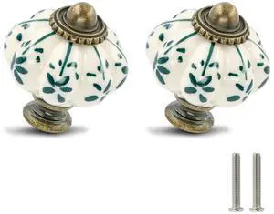 Ivory & Green Pumpkin Knobs 12 Pack Ceramic Cabinet Knobs Vintage Drawer Pulls - Antique Dresser Pulls with Screws - Green Flower Ivory & Green Pumpkin Knobs 12 Pack Ceramic Cabinet Knobs Vintage Drawer Pulls - Antique Dresser Pulls with Screws - Green Flower