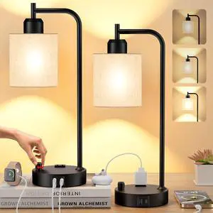 Industrial Table Lamps with Linen Shade, Set of 2 Fully Dimmable Bedside Lamps with USB A+C Ports and Outlet, Black Nightstand Desk Lamps for Bedrooms Living Room Office, 2 LED Bulbs Included Industrial Table Lamps with Linen Shade, Set of 2 Fully Dimmable Bedside Lamps with USB A+C Ports and Outlet, Black Nightstand Desk Lamps for Bedrooms Living Room Office, 2 LED Bulbs Included