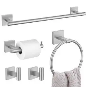 5 Pieces Bathroom Hardware Set, Brushed Nickel Towel Bar Set Includes 23.6 Towel Bar, Towel Ring Holder, Toilet Paper Holder and Two Towel Hooks, Bathroom Accessories Set SUS304 Wall Mounted 5 Pieces Bathroom Hardware Set, Brushed Nickel Towel Bar Set Includes 23.6 Towel Bar, Towel Ring Holder, Toilet Paper Holder and Two Towel Hooks, Bathroom Accessories Set SUS304 Wall Mounted