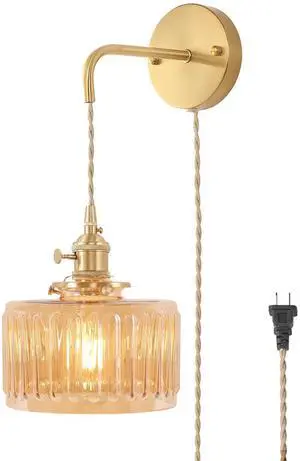 Vintage Wall Sconce Wall Lamp with Amber Striped Glass Shade Hanging Wall Sconce with 4.9FT Plug in Cord, Modern Wall Lamp Fixtures Decor for Bedside Bedroom Indoor Doorway Vintage Wall Sconce Wall Lamp with Amber Striped Glass Shade Hanging Wall Sconce with 4.9FT Plug in Cord, Modern Wall Lamp Fixtures Decor for Bedside Bedroom Indoor Doorway