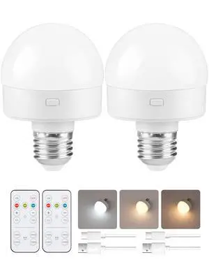 Rechargeable Light Bulbs with Remote Control 2 Packs, Battery Operated Light Bulbs with Timer & 3 Color Temperature, Detachable Wireless LED Bulb for Lamp, E26 Base, Non-Hardwired, W01YBP206 Rechargeable Light Bulbs with Remote Control 2 Packs, Battery Operated Light Bulbs with Timer & 3 Color Temperature, Detachable Wireless LED Bulb for Lamp, E26 Base, Non-Hardwired, W01YBP206