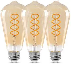 ST64 LED E26 Vintage Edison Light Bulbs, Light Amber Glass, Dimmable, 4W(40W Equivalent) 300 Lumens, 2500K Warm White, Spiral Filaments Design, Antique Style, 25000 Hrs, 3-Pack ST64 LED E26 Vintage Edison Light Bulbs, Light Amber Glass, Dimmable, 4W(40W Equivalent) 300 Lumens, 2500K Warm White, Spiral Filaments Design, Antique Style, 25000 Hrs, 3-Pack