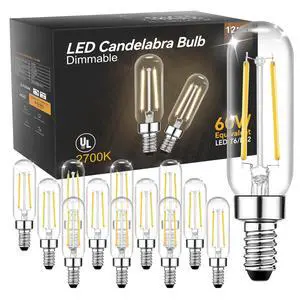 E12 Candelabra LED Bulb, 60W Equivalent Dimmable 2700K Soft Warm White | Small Base T6 Clear Edison Bulb 5.5W Vintage T25 Decorative for Chandelier Ceiling Fan Wall Sconce, 600LM, 12 pack E12 Candelabra LED Bulb, 60W Equivalent Dimmable 2700K Soft Warm White | Small Base T6 Clear Edison Bulb 5.5W Vintage T25 Decorative for Chandelier Ceiling Fan Wall Sconce, 600LM, 12 pack