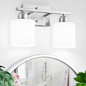 Brushed Nickel Bathroom Light, Anti-Rust Finish 2 Light Bathroom Vanity Light Brushed Nickel, Milky White Frosted Glass Shades, E26 Socket Brushed Nickel Bathroom Light, Anti-Rust Finish 2 Light Bathroom Vanity Light Brushed Nickel, Milky White Frosted Glass Shades, E26 Socket