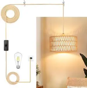 Boho Plug in Pendant Light, Handwoven Shade, 3 Way Bulb, 14ft Cord | Rattan Hanging Lamp Plug in, Dimmable Hanging Light Fixture for Living Room Bedroom Kitchen Ceiling Farmhouse Home Decor Boho Plug in Pendant Light, Handwoven Shade, 3 Way Bulb, 14ft Cord | Rattan Hanging Lamp Plug in, Dimmable Hanging Light Fixture for Living Room Bedroom Kitchen Ceiling Farmhouse Home Decor