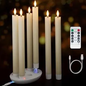 Rechargeable Flameless Taper Candles with Remote, Charging Base, 6 Pcs | 0.78x9.6" ivory wax LED tapers, 3D flicker, 2.5-hour USB-C charge, up to 160-hour runtime for Home Wedding Christmas Decor Rechargeable Flameless Taper Candles with Remote, Charging Base, 6 Pcs | 0.78x9.6" ivory wax LED tapers, 3D flicker, 2.5-hour USB-C charge, up to 160-hour runtime for Home Wedding Christmas Decor