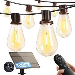 102FT(96FT+6) Solar String Lights Outdoor, Waterproof, Last 20+ Hrs | 34 Shatterproof LED Bulbs, USB Charging, Dimmable, Timer Remote, Easy Install for Garden, Backyard, Pergola and Party 102FT(96FT+6) Solar String Lights Outdoor, Waterproof, Last 20+ Hrs | 34 Shatterproof LED Bulbs, USB Charging, Dimmable, Timer Remote, Easy Install for Garden, Backyard, Pergola and Party