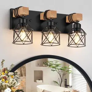 3-Light Bathroom Vanity Lights, Farmhouse Bathroom Light Fixtures | Rustic Wood & Black Metal Shade, Wood Bathroom Lighting Fixtures Over Mirror, Wall Sconces for Bathroom Bedroom Living Room 3-Light Bathroom Vanity Lights, Farmhouse Bathroom Light Fixtures | Rustic Wood & Black Metal Shade, Wood Bathroom Lighting Fixtures Over Mirror, Wall Sconces for Bathroom Bedroom Living Room