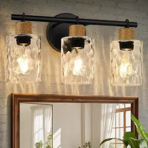 Bathroom Light Fixtures, 3-Light Coastal Vanity Lights with Crystal Glass Shade, Black Bathroom Wall Lamp for Mirror Kitchen Hallway Cabinet Bathroom Light Fixtures, 3-Light Coastal Vanity Lights with Crystal Glass Shade, Black Bathroom Wall Lamp for Mirror Kitchen Hallway Cabinet