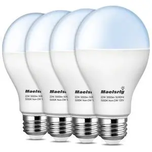 200 Watt LED Bulb Equivalent, A21 22W 3000 Lumen LED Light Bulb, Daylight 5000K, Non-Dimmable E26 Medium Base 120V-High Output 200W LED Light Bulbs for Garage, Shop, Warehouse, 4-Pack 200 Watt LED Bulb Equivalent, A21 22W 3000 Lumen LED Light Bulb, Daylight 5000K, Non-Dimmable E26 Medium Base 120V-High Output 200W LED Light Bulbs for Garage, Shop, Warehouse, 4-Pack