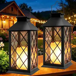 2 Pack 14" Large Tempered Glass Solar Lanterns Outdoor Waterproof | Solar Hanging Lantern for Outside with Flickering Candle, Mother's Gift Wall Lamps for Garden Patio Vintage Decor - Black 2 Pack 14" Large Tempered Glass Solar Lanterns Outdoor Waterproof | Solar Hanging Lantern for Outside with Flickering Candle, Mother's Gift Wall Lamps for Garden Patio Vintage Decor - Black