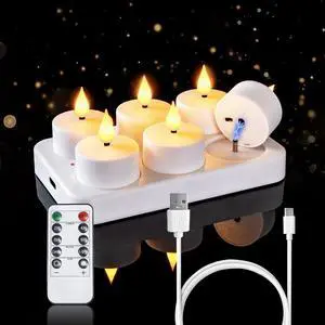 6-Pack Rechargeable Tea Lights Candles with Remote, 2/4/6/8H Timer | Flameless Flickering Battery Operated LED Tealights with Charging Base for Votive Cups, Glass Holders and Cozy Home Ambiance 6-Pack Rechargeable Tea Lights Candles with Remote, 2/4/6/8H Timer | Flameless Flickering Battery Operated LED Tealights with Charging Base for Votive Cups, Glass Holders and Cozy Home Ambiance