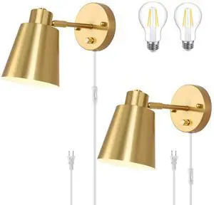 Plug in Wall Sconces, Dimmable Wall Sconces Adjustable Angle Wall Lights with Plug in Cord and Dimmer On/Off Knob Switch, Gold Wall Mounted Light for Bedroom Bedside Stairway(2 Pack, 2 Bulbs) Plug in Wall Sconces, Dimmable Wall Sconces Adjustable Angle Wall Lights with Plug in Cord and Dimmer On/Off Knob Switch, Gold Wall Mounted Light for Bedroom Bedside Stairway(2 Pack, 2 Bulbs)