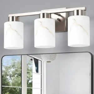 3-Light Bathroom Light Fixtures, Modern Vanity Lights, Brushed Nickel Metal Wall Lamp with White Marble Glass for Bathroom, Mirror, Living Room, Bedroom, Cabinet, Porch, Hallway, E26 Base 3-Light Bathroom Light Fixtures, Modern Vanity Lights, Brushed Nickel Metal Wall Lamp with White Marble Glass for Bathroom, Mirror, Living Room, Bedroom, Cabinet, Porch, Hallway, E26 Base