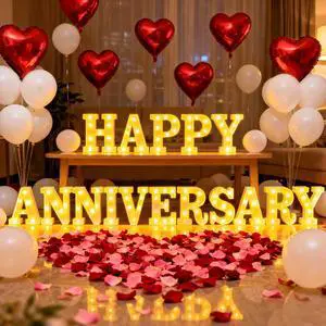 Happy Anniversary Decorations, Light up Letters Sign, with Rose Petals, Round Pearlescent Balloon, Aluminum Balloons, Light LED Neon, Table Decor for Valentine's Day Wedding Romantic Party Happy Anniversary Decorations, Light up Letters Sign, with Rose Petals, Round Pearlescent Balloon, Aluminum Balloons, Light LED Neon, Table Decor for Valentine's Day Wedding Romantic Party