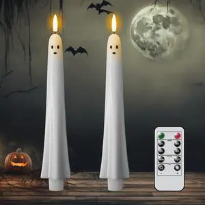 Halloween Ghost Flameless Taper Candles Flickering Remote Timer | Battery Operated LED Candlesticks, 3D Wick Hand Painted Wax, 400 Hours Long Lasting, Dinner Indoor Decor, 0.79"x9.5", 2Pack Halloween Ghost Flameless Taper Candles Flickering Remote Timer | Battery Operated LED Candlesticks, 3D Wick Hand Painted Wax, 400 Hours Long Lasting, Dinner Indoor Decor, 0.79"x9.5", 2Pack