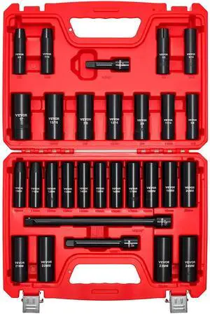 1/2" Drive Impact Socket Set, 29-Piece Deep Sockets Standard SAE (3/8 to 1 inch) and Metric (10 to 24 mm) Size, 6 Point, CR-V Steel, Extension Bars (3", 5", 10") 1/2" Drive Impact Socket Set, 29-Piece Deep Sockets Standard SAE (3/8 to 1 inch) and Metric (10 to 24 mm) Size, 6 Point, CR-V Steel, Extension Bars (3", 5", 10")