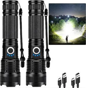 2 Pack Rechargeable Flashlight, 99,000 High Lumens LED Flashlight with 5 Modes, IPX7 Waterproof, Adjustable Focus, Powerful Handheld Flash Light for Camping, Hiking, Emergency, Home Use 2 Pack Rechargeable Flashlight, 99,000 High Lumens LED Flashlight with 5 Modes, IPX7 Waterproof, Adjustable Focus, Powerful Handheld Flash Light for Camping, Hiking, Emergency, Home Use