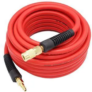 Hybrid Air Hose 3/8-Inch by 50-Feet 300 PSI Heavy Duty, Lightweight, Kink Resistant, All-Weather Flexibility with 1/4-Inch Brass Male Fittings, Bend Restrictors, Red Hybrid Air Hose 3/8-Inch by 50-Feet 300 PSI Heavy Duty, Lightweight, Kink Resistant, All-Weather Flexibility with 1/4-Inch Brass Male Fittings, Bend Restrictors, Red