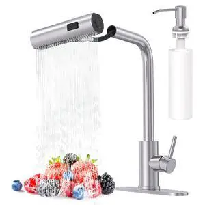 Brushed Nickel Kitchen Faucets with Pull Down Sprayer & Soap Dispenser, Single Hole & Handle, Pull Out Tap, Waterfall Stainless Steel Sink Faucet for Farmhouse Camper Laundry Rv Bar Brushed Nickel Kitchen Faucets with Pull Down Sprayer & Soap Dispenser, Single Hole & Handle, Pull Out Tap, Waterfall Stainless Steel Sink Faucet for Farmhouse Camper Laundry Rv Bar