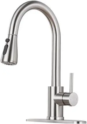 Brushed Nickel Kitchen Faucet with Pull Down Sprayer and Deck Plate | SUS 304 Stainless Steel, Single Handle, 3 Spray Modes, 360° Swivel Spout, RV Laundry Bar Sink, Deck Plate, NSF372 NSF61 cUPC Brushed Nickel Kitchen Faucet with Pull Down Sprayer and Deck Plate | SUS 304 Stainless Steel, Single Handle, 3 Spray Modes, 360° Swivel Spout, RV Laundry Bar Sink, Deck Plate, NSF372 NSF61 cUPC