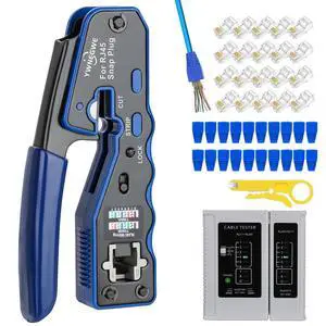 RJ45 Crimp Tool Kit Pass Thru Ethernet Crimper for Cat5e Cat6 Cat6a 8P8C Modular Connectors, All-in-One Cat6 Crimping Tool and Tester(9V Battery Not Included) RJ45 Crimp Tool Kit Pass Thru Ethernet Crimper for Cat5e Cat6 Cat6a 8P8C Modular Connectors, All-in-One Cat6 Crimping Tool and Tester(9V Battery Not Included)