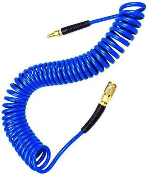 Polyurethane Recoil Air Hose, Air Compressor Hose 1/4" Inner Diameter by 25' Long with Bend Restrictor, 1/4" Industrial Quick Coupler and Plug, Blue Polyurethane Recoil Air Hose, Air Compressor Hose 1/4" Inner Diameter by 25' Long with Bend Restrictor, 1/4" Industrial Quick Coupler and Plug, Blue