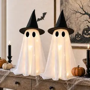Halloween Decorations-Set of 2 Light-Up Ghosts with Witch Hats | Ghost Table Centerpiece-Spooky Tabletop Decor for Mantel Dining Table Party Indoor Home Decor Halloween Decorations-Set of 2 Light-Up Ghosts with Witch Hats | Ghost Table Centerpiece-Spooky Tabletop Decor for Mantel Dining Table Party Indoor Home Decor
