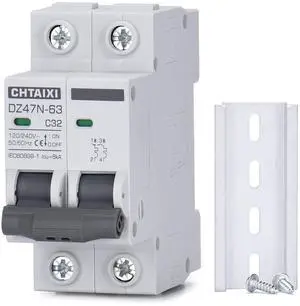 AC Miniature Circuit Breaker, 32 Amp 120V/240V 2 Pole DIN Rail Mount Circuit Breaker, Thermal Magnetic Trip, Solar AC Disconnect Switch MCB C32 AC Miniature Circuit Breaker, 32 Amp 120V/240V 2 Pole DIN Rail Mount Circuit Breaker, Thermal Magnetic Trip, Solar AC Disconnect Switch MCB C32