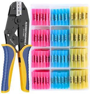 200PCS Ratchet Crimper Kit, Butt Connectors, AWG 22-10 | Color-coded jaw markings, adjustable force wheel, quick-release lever, field wiring 200PCS Ratchet Crimper Kit, Butt Connectors, AWG 22-10 | Color-coded jaw markings, adjustable force wheel, quick-release lever, field wiring