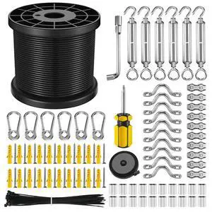String Light Hanging Kit with 200FT Black Vinyl Coated Wire Rope | Outdoor String Light Suspension Kit, Guide Wire with Turnbuckles and Hooks for Patio, Backyard Light Accessories, User Manual String Light Hanging Kit with 200FT Black Vinyl Coated Wire Rope | Outdoor String Light Suspension Kit, Guide Wire with Turnbuckles and Hooks for Patio, Backyard Light Accessories, User Manual