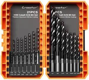 M35 Cobalt Drill Bit Set for Hardened Metal & Stainless Steel - 21pcs Titanium Aluminum Nitride Coated (TiAlN), Three-Flute Design, 1/16"-1/2" Metal Drill Bits M35 Cobalt Drill Bit Set for Hardened Metal & Stainless Steel - 21pcs Titanium Aluminum Nitride Coated (TiAlN), Three-Flute Design, 1/16"-1/2" Metal Drill Bits