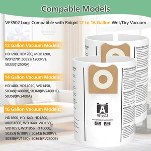 15 Pack 23743 VF3502 Vacuum Bags for Ridgid 12 to 16 Gallon Wet Dry Vacuums High Efficiency Replacement Filter Bags for Model WD1950 WD1956 WD1850 WD1851 RV2400HF WD1450 WD1680 WD1270 15 Pack 23743 VF3502 Vacuum Bags for Ridgid 12 to 16 Gallon Wet Dry Vacuums High Efficiency Replacement Filter Bags for Model WD1950 WD1956 WD1850 WD1851 RV2400HF WD1450 WD1680 WD1270
