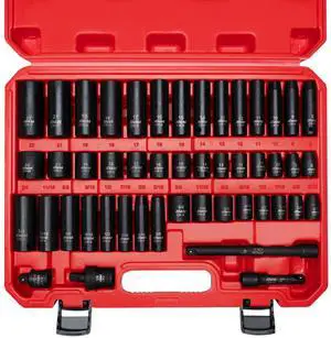 3/8" Drive Impact Socket Set, 48-Piece Standard SAE (5/16 to 3/4 inch) and Metric (8-22mm) Size, 3" and 6" Drive Extension Bar, Impact Universal Joint, 3/8" to 1/2" Impact Adaptor, CR-V 3/8" Drive Impact Socket Set, 48-Piece Standard SAE (5/16 to 3/4 inch) and Metric (8-22mm) Size, 3" and 6" Drive Extension Bar, Impact Universal Joint, 3/8" to 1/2" Impact Adaptor, CR-V