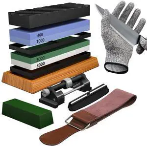 Whetstone Knife Sharpening Stone Set, Double-Sided Grit 400/1000 3000/8000 | Complete Knife Sharpener Stone Kit with Non-Slip Base, Angle Guide, Flatting Stone, Honing Guide, Leather Strop Whetstone Knife Sharpening Stone Set, Double-Sided Grit 400/1000 3000/8000 | Complete Knife Sharpener Stone Kit with Non-Slip Base, Angle Guide, Flatting Stone, Honing Guide, Leather Strop