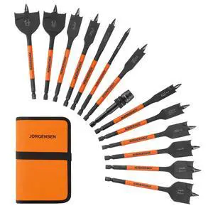 14-Piece Spade Drill Bit Set with Storage Pouch, 1/4" to 1-1/2" | Includes 13 Spade Drill Bits and One Quick-Load Connector, 1/4" Hex Shank, Carbon Steel Paddle Bits for Woodworking 14-Piece Spade Drill Bit Set with Storage Pouch, 1/4" to 1-1/2" | Includes 13 Spade Drill Bits and One Quick-Load Connector, 1/4" Hex Shank, Carbon Steel Paddle Bits for Woodworking