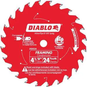 Framing Saw Blade for Wood - 4-1/2" Diameter, 24 Teeth,.059" Kerf | 20° Hook Angle, 4000 Max RPM, Tico Hi-Density Carbide, Non-Stick Perma-Shield Coating - D0424X Framing Saw Blade for Wood - 4-1/2" Diameter, 24 Teeth,.059" Kerf | 20° Hook Angle, 4000 Max RPM, Tico Hi-Density Carbide, Non-Stick Perma-Shield Coating - D0424X