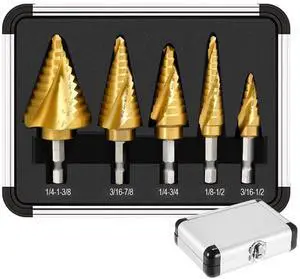 Step Drill Bit Set for Metal- 5PCS Titanium 4241 HSS Step Bit with Two Straight Flutes, 50 Sizes from 1/16" to 1-3/8" for Aluminum, Wood & Plastic, Unibit for Electricians & DIY Step Drill Bit Set for Metal- 5PCS Titanium 4241 HSS Step Bit with Two Straight Flutes, 50 Sizes from 1/16" to 1-3/8" for Aluminum, Wood & Plastic, Unibit for Electricians & DIY
