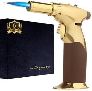 Dual Flame Butane Torch Gun - Refillable Luxury Hand Held Mini Blow Torch for Cooking, Creme Brulee, Soldering, Welding, & Resin Art - Adjustable Flame with Ignition Lock - Gold Brown by ® Dual Flame Butane Torch Gun - Refillable Luxury Hand Held Mini Blow Torch for Cooking, Creme Brulee, Soldering, Welding, & Resin Art - Adjustable Flame with Ignition Lock - Gold Brown by ®